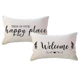 ULOVE LOVE YOURSELF 2Pack Welcome to Our Happy Place Decorative Pillowcases Home Quotes Lumber Cushion Covers 12 x 20 Inch Rustic Family Words Farmhouse Decor for Sofa/Couch/Porch