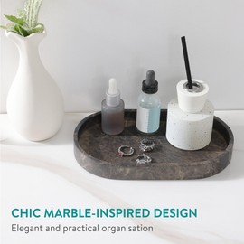 Navaris Tray for Jewellery and Make-Up Marble Look - Round Plate Decorative Tray Dressing Table - Bathroom Tray Brown - Oval Bowl Marble Top - Decorative Tray Marble Look