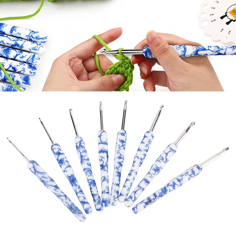 8pcs Crochet Hook Set Blue White Porcelain Printing Hand Polished