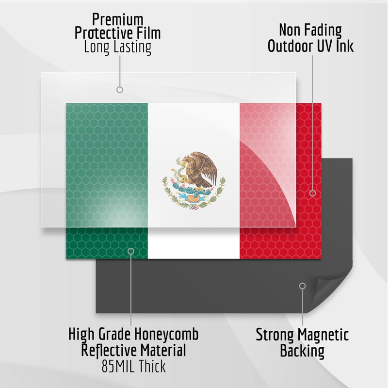 2PC Reflective Mexico Flag Magnets - 5x3 Inches - Mexico