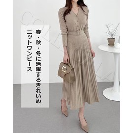 Collecala Women's Knit Dress, Autumn Winter, Beautiful, Elegant Dress, Pleated Pattern, Waist Mark, Belt Included, High Waist, A-Line, V-Neck, Mid-Calf Length, Slimming Sweater Dress, Black