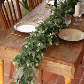Clycaloor 6Ft Artificial Eucalyptus Garland with Little White Berries, Real Touch Faux Eucalyptus Decor Vine for Table, Bedroom, Mantelpiece, Outdoor, Wedding Decorations (Foggy Green)