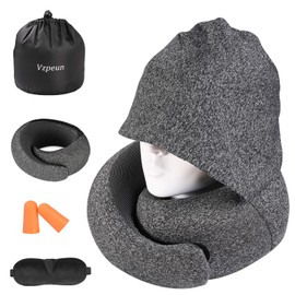 Vzpeun Travel Pillow - Hooded Neck Pillow Airplane, Memory Foam Pillow for Plane, Office, Cars Sleeping, Long Flight Must Haves, Road Trip Essentials Accessories for Adults | Vzpeun