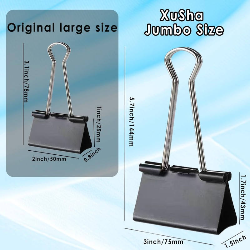 6PCS Jumbo Binder Clips 3 Inch, Black, Binder Clips Extra