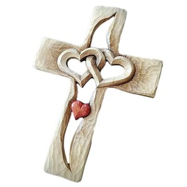 Aatraay Carved Cross Intertwined Hearts Love Wooden Cross Hand Carved Design Wall Hanging Home Living Room Decoration