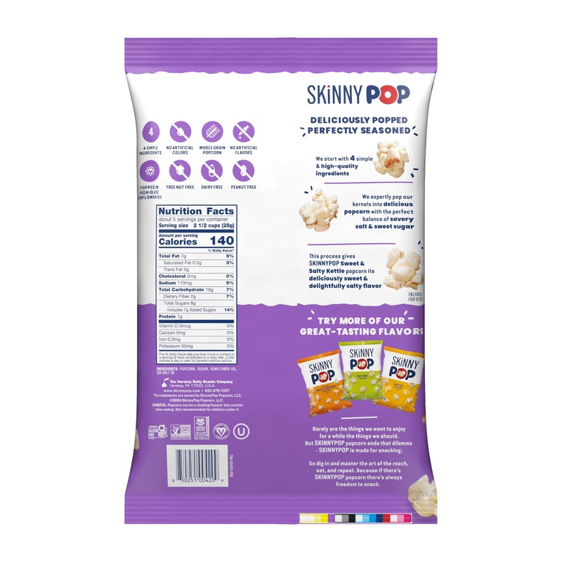 SkinnyPop Popcorn, Sweet & Salty Kettle, Whole Grain, Dairy-Free Snack,