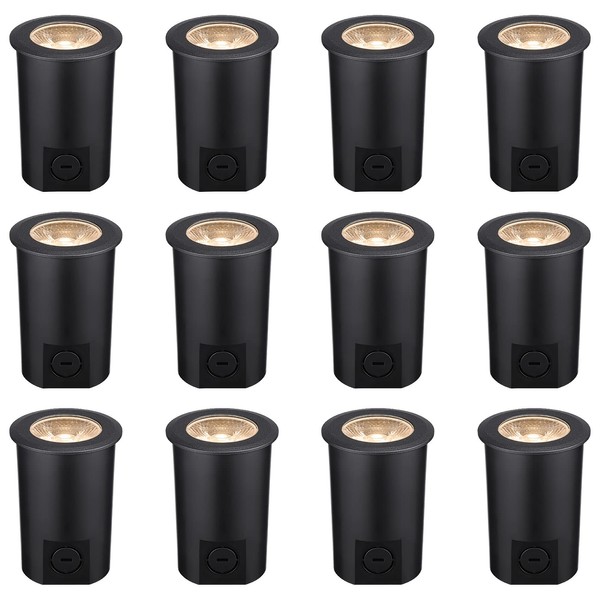LEONLITE 12-Pack 3W Well Lights Landscape LED In Ground Outdoor, Low Voltage 12-24V AC/DC, IP67 Waterproof Aluminum in-Grade Up Lighting for Trees Garden Wall Washing, CRI 90 3000K, Black