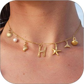 Initial Charm Necklaces for Women Girls 14K Gold Plated A-Z Letter Necklaces Shell Boho Summer Seashell Alphabet Choker Necklace Starfish Surfer Monogram Name Necklace Beach Jewelry Gifts (Gold-H)