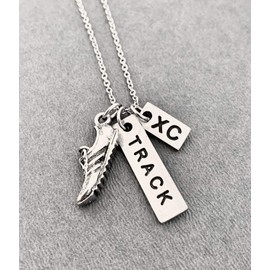 Pewter RUN TRACK and XC Track and Cross Country Runner Necklace - Pewter Running Shoe Charm, Track Pendant and XC Charm on 18 inch Stainless Steel Cable Chain - All Pewter