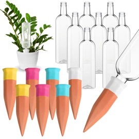 Ziliny 8 Pack Plant Watering Devices, Terracotta Self Watering Spikes with 25 oz Plastic Wine Bottles, Slow Release Plant Waterer Self Watering Planter for Vacation Indoor Outdoor Plant