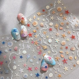 2Sheets Summer Seashell Starfish Nail Art Stickers 5D Embossed Shiny Shell Conch Nail Decals Summer Beach Nail Supplies Ocean Theme Starfish Nails Design Adhesive Sliders for Women Manicure Nail Art