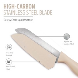 GreenLife 6 Piece Kitchen Knife Set, Rust-Resistant Nonstick Coating, High Carbon Stainless Steel Knives, Blade Guards, Razor Sharp, Ergonomic Handle, Chef, Santoku, Paring, Beige