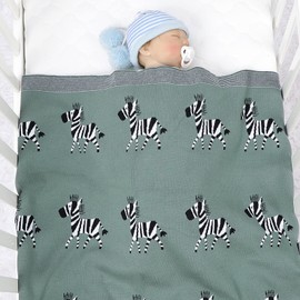 DovFanny Baby Blanket 100% Cotton Knitted Soft Blanket for Newbron with Lovely Zebra, 100 x 80cm Dark Green