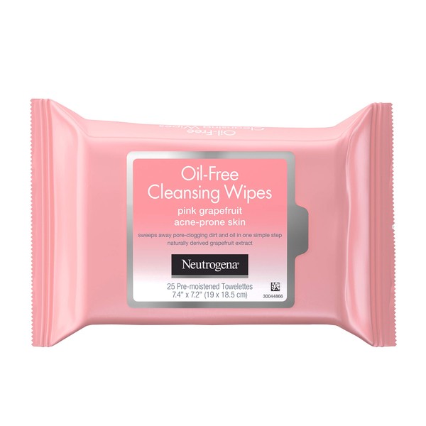 Neutrogena Oil Free Facial Cleansing Makeup Wipes, Disposable Acne Face Towelettes to Remove Dirt, Oil and Makeup for Acne Prone Skin, Pink Grapefruit, 25 Count