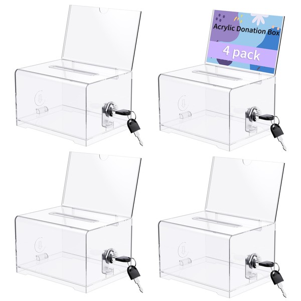 VZZNN 4 Pack Clear Acrylic Donation Containers with Lock and