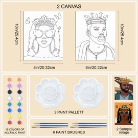 WEBEEDY 2 Pack Canvas Painting Kits Pre Drawn Stretched Canvas Painting for Adults 20x25cm Afro Queen King Couple Painting Kit Date Night Game Party Supplies Paint Art Set for Valentine's Day Gift