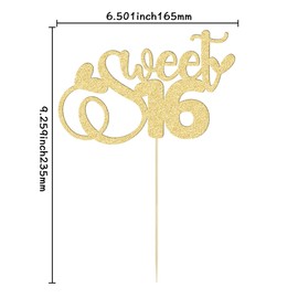 1 decoración para tartas de 16 cumpleaños con purpurina para 16 años de edad, decoración para tartas de 16 años, color dorado