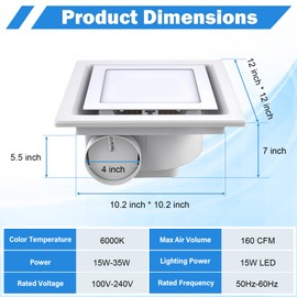 FEITON Square Bathroom Exhaust Fan with Light, 160 CFM 35W 4 Inch Duct, 100-240V 1.0 Sones Quiet Bathroom Ceiling Fan, Shower Fan Light Combo(Mounting Hole: 10.2 x 10.2 Inches)