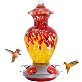 Birdkiss Hummingbird Feeder, Hand Blown Glass Hummingbird Feeders for Outdoors, Never Fade, 28 Fluid Ounces, 4 Feeding Metal Stations, Garden Backyard Decorative, Present for mom(Red&Yellow)