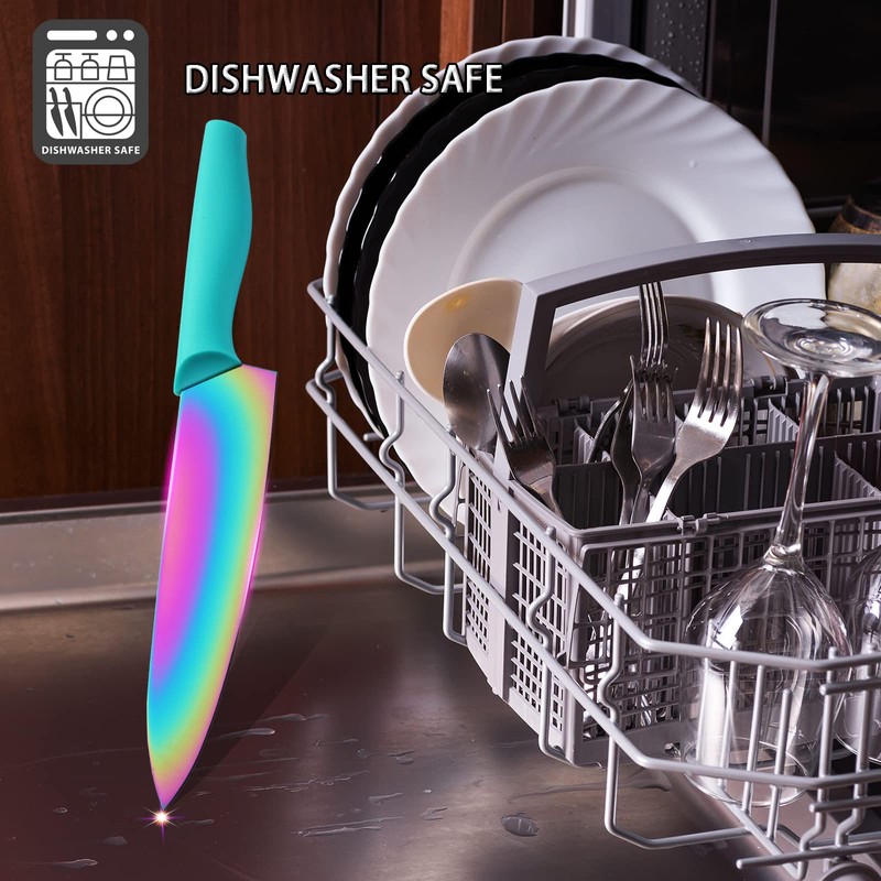 Marco Almond Kitchen Knife Set, KYA37 12-Piece Rainbow Titanium Stainless