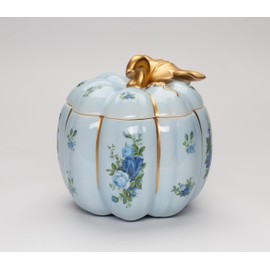 Cosmos Gifts Fine Ceramic Thanksgiving Harvest Victorian Rose Blue Pumpkin Cookie Candy Jar, 6-5/8" L