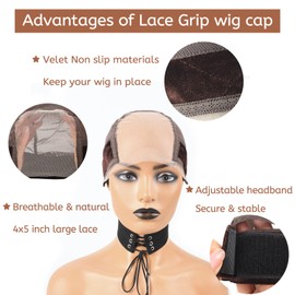 Lace Wig Cap with Grip Band for Keeping Wigs In Place, 4x5 Wider Transparent Lace for Glueless Wig, Adjustable Grip Cap with Velcro Headband Brown Color