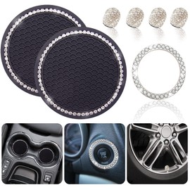Car Coasters for Cup Holder,Dermasy 2 Pack Cute Bling Car Cup Holder Coaster with Rhinestone for Women and Girl 2022 Universal Anti Slip Silicone Automotive Interior Accessories Set (Set)