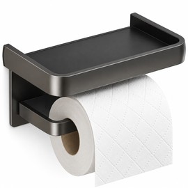 Self-Adhesive Toilet Paper Holder – No-Drill Aluminum Wall-Mounted Tissue Roll Holder with Curved Bar for Bathroom & Kitchen, Black