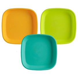 RE-PLAY Made in USA Deep Walled Flat Plates | Made from Eco Friendly Heavyweight Recycled Plastic | Dishwasher & Microwave Safe | BPA Free | Aqua, Lime Green & Sunny Yellow | Aqua Asst (3pk)