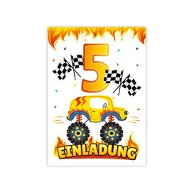 8 Invitation Cards Including 8 Envelopes for 5th Children's Birthday Boys Monster Truck Car Invitations for Fifth Birthday Children Invitation Set