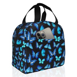Insulated Black Lunch Bag Box for Women with Blue Butterfly Print Cute Lunch Cooler Thermal Waterproof Reusable Tote Bag with Big Pocket for Work Office Picnic College