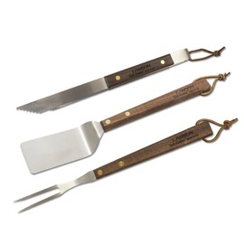 Lamson TAIL-GATER Walnut BBQ 3-Piece Set (Fork, Tong, and Turner), Hardened Stainless Steel, 15-inches, with Bonus Canvas Storage Bag