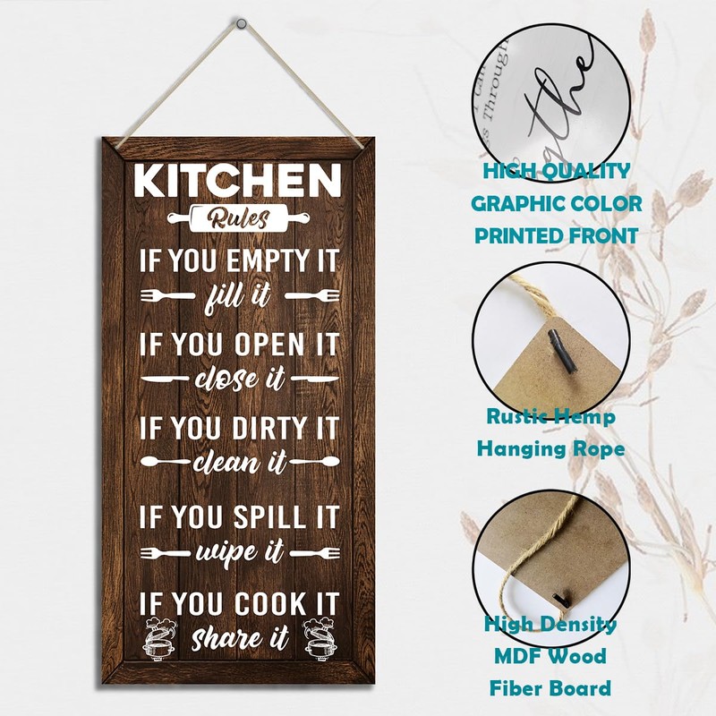 Farmhouse Kitchen Rules Sign, Rustic Wooden Plaque, 12x6inch (J10)