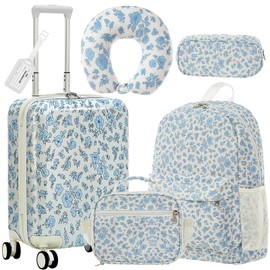 Redbaker 6 Pcs Kids Luggage Set, 18 Inch Rolling Suitcase with Backpack Lunch Bag Neck Pillow, Blue Floral Travel Set for Summer Vacation Sleepover Back to School Gift