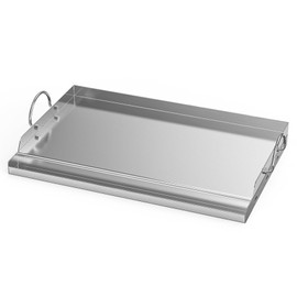 onlyfire Stainless Steel BBQ Griddle, Outdoor Flat Top Griddle Pan with Grease Groove and Handles for Gas and Charcoal Grills, 25”x16”