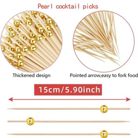 120 pcs 5.9 inch long Pearl Cocktail Picks,Gold Ball Food Sticks Charcuterie Boards Accessories,Bamboo Skewers for Appetizers Drinks Fruit.