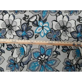 UNKNOWN  Embroidered Crewel floral, Grays, White, Black ,  Aqua Blue Upholstery Fabric