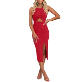 oten Cutout Tank Dresses for Women Sleeveless Bodycon Crewneck High Split Club Ribbed Midi Dress Wine Red Medium