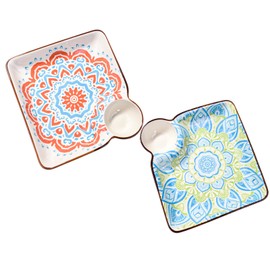 Swlthwen 2 Piece 7.1 Inch Square Snack Dumpling Plate with Sauce Plate, Bohemian Style, Underglaze Ceramic Household Tableware, Microwaveable, Dishwasher Safe