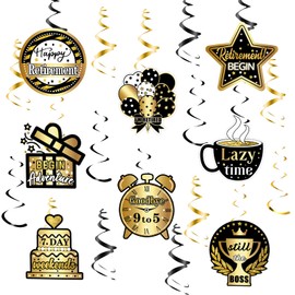 Gkhlg 24 Pcs Retirement Decorations Kit Including Hanging Cards and Swirls Black and Gold Theme Retirement Party Decorations for Men and Women for Home and Office Parties Indoor and Outdoor Use