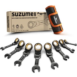 SUZUME Stubby Wrench Set 8PCS Metric (8-17mm) 180° Flexible Head 10K Gear Cycles Tested 90-Tooth CR-V Steel for Tight Engine Bays & with Motorcycle Repair with Rolling Pouch​