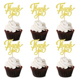 Blumomon 24Pcs Gold Glitter Thank You Cupcake Toppers Thank You Cupcake Picks for Birthday Anniversary Thanksgiving Day Wedding Bridal Party Decoration Supplies