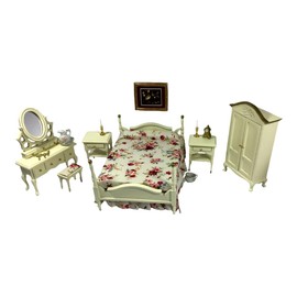 Dolls House Miniature Bedroom Set with 12 Pieces, Double Bed, Wardrobe, Dressing Table, Stool, Bedside Tables, Candlesticks, Umbrella, Picture, Clock, Jug, Chamber Pot | Minimum World