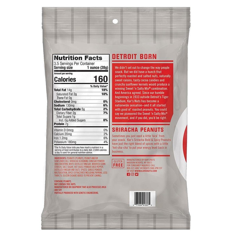 Kar's Nuts Sriracha Peanuts 3.5oz Bag (Pack of 42)