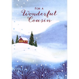 Designer Greetings Cabin and Tall Trees at Base of Blue and White Snow Covered Hills Christmas Card for Cousin