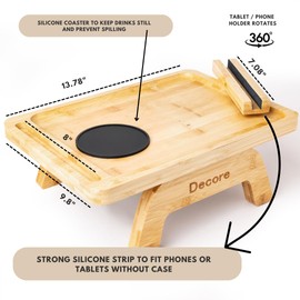 XGLJEP Bamboo Couch Arm Tray with Snap Protection, Anti Slip Pad, Optional Silicon Coasters for Drinks, Large Surface 13.78 x 9.8 with 360°Rotated Phone/Tablet/Pen Holder