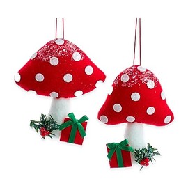 Kurt Adler T3513 Polka-Dot Mushroom with Presents Vibrant Red and White 5 Inch Polyester Hanging Christmas Ornament Set of 2