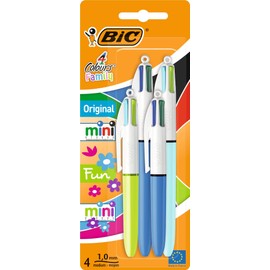 BIC 4 Colours Family Pen Pack of Retractable Ballpoint Pens with Four Ink Colours, Set of 4 (2 Mini, 2 Original)
