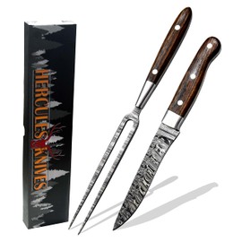 Hercules Knives Premium Handcrafted Fork and Steak Knife Set Damascus Steel Carving Set Walnut Handles Elegant Dining Knives Set