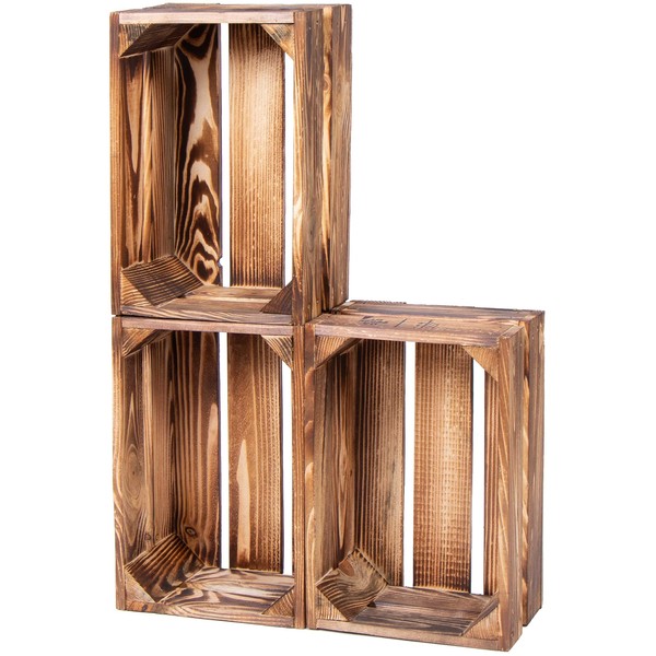 Laublust Vintage Wooden Crates Set of 3 Flamed Wine Crates & Fruit Crates - Decorative & Furniture Boxes - Size M | L | XL